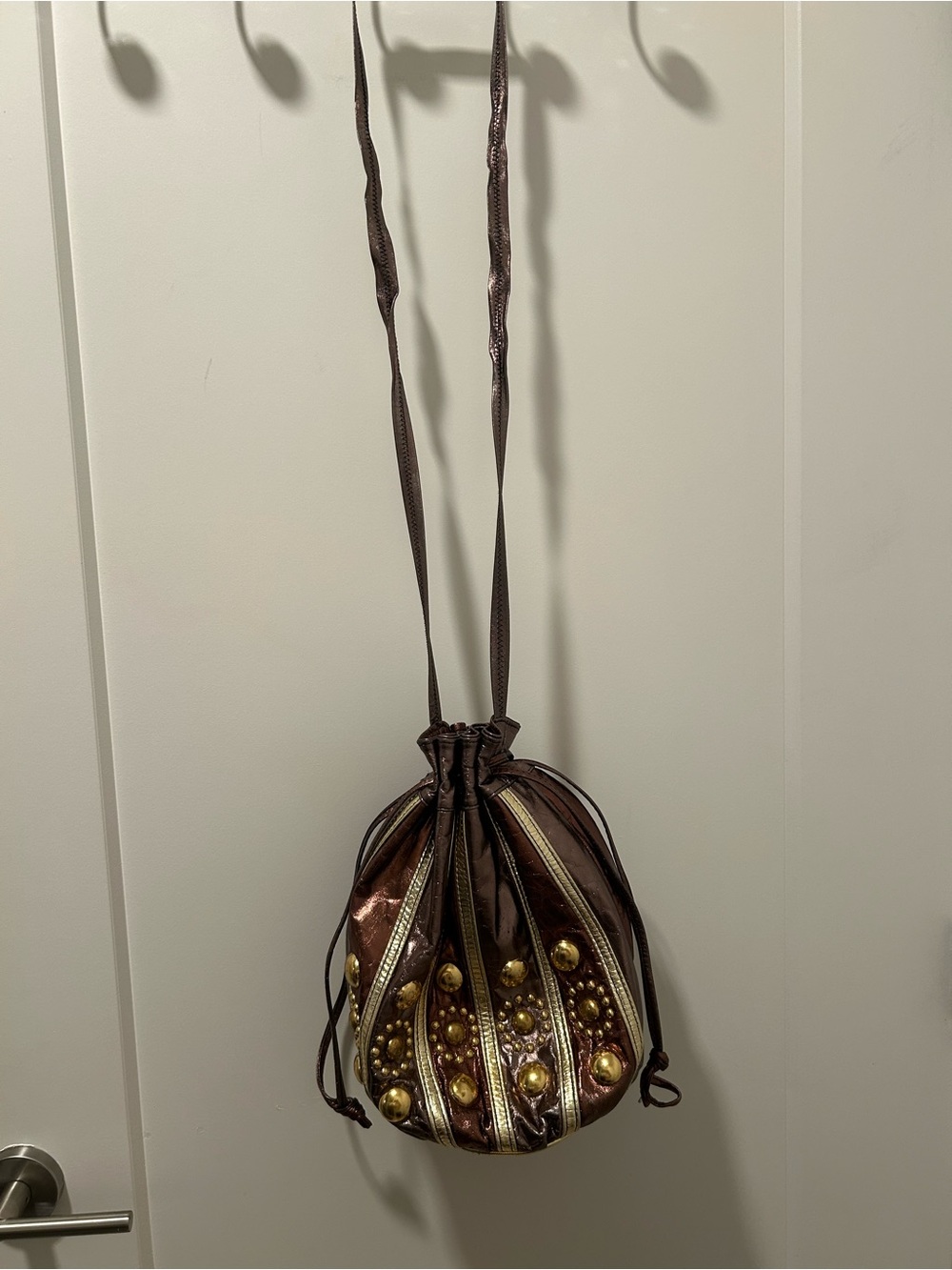 Vintage Metallic Bronze Studded Leather Drawstring Pouch USA